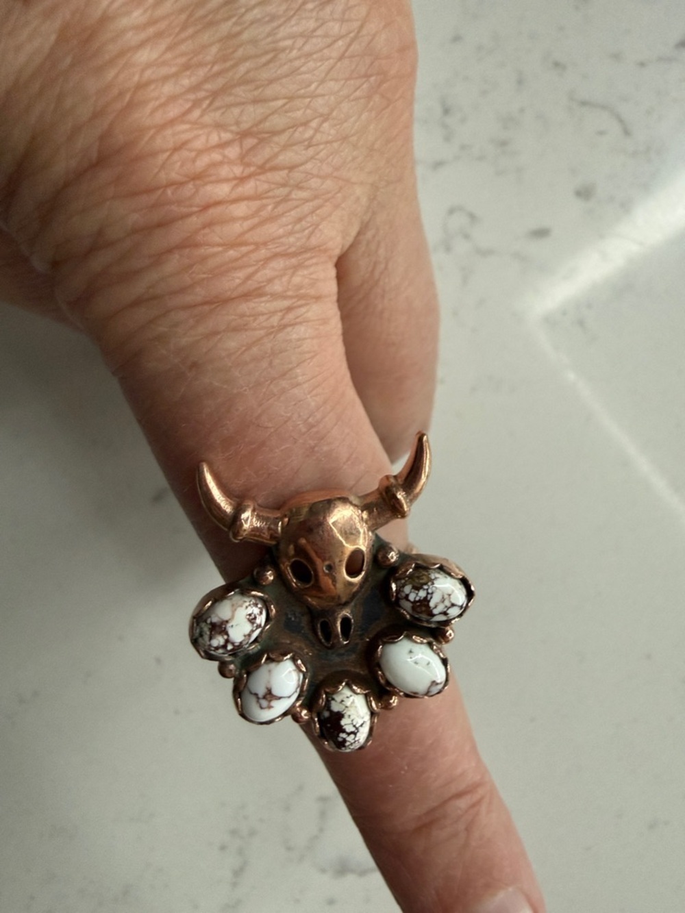 NWOT Copper Bull Longhorn Statement Ring with White Howlite Stones